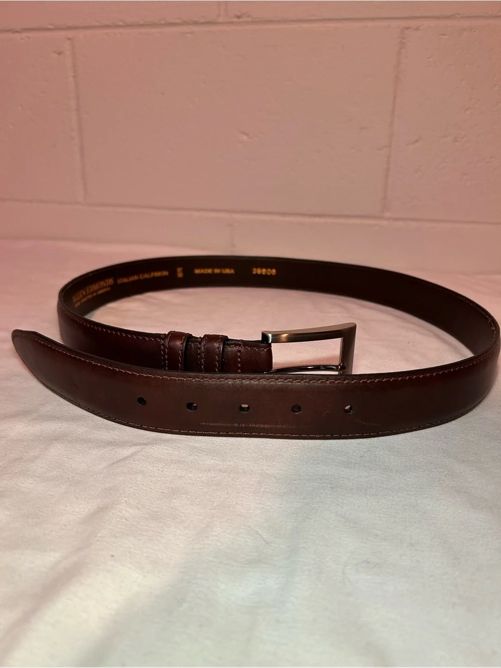 Allen Edmonds Brown Leather Belt with Brushed Silver Buckle 97/38